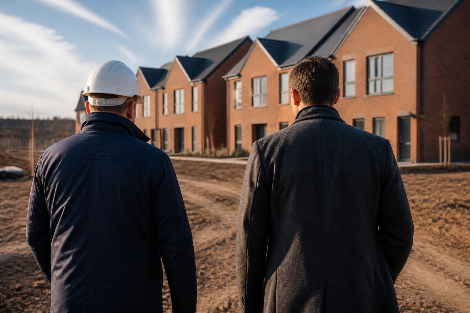 Row of newly completed modern UK townhouses under a bright blue sky
